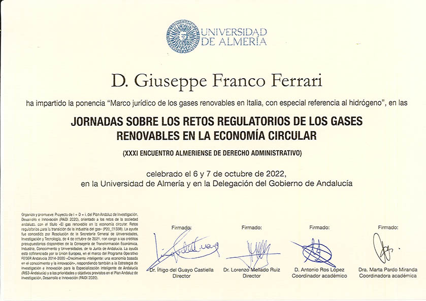 Certificato di partecipazione convegno Almeria 6.7 ottobre 2022